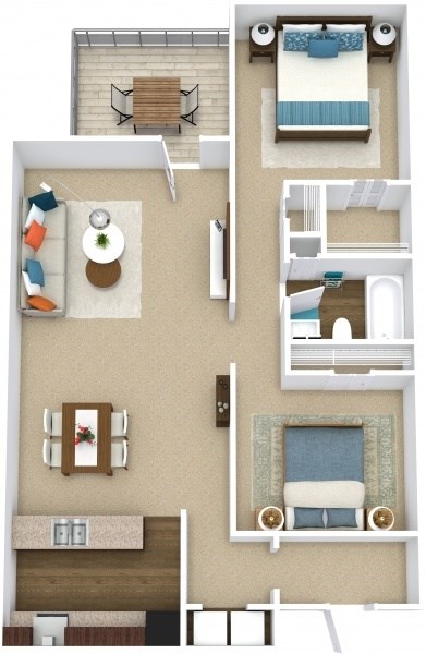 Floor plan for 2 beds, 1 bath, 894 sqft